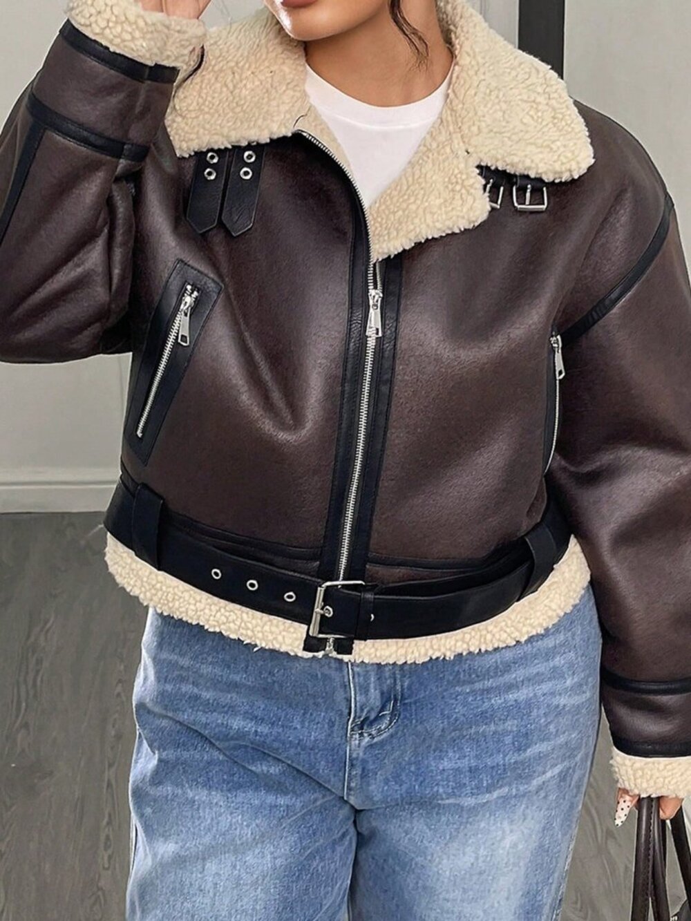 Brown Casual Women's Faux Lamb Fur Faux Leather Short Jacket - Picture 4 of 6